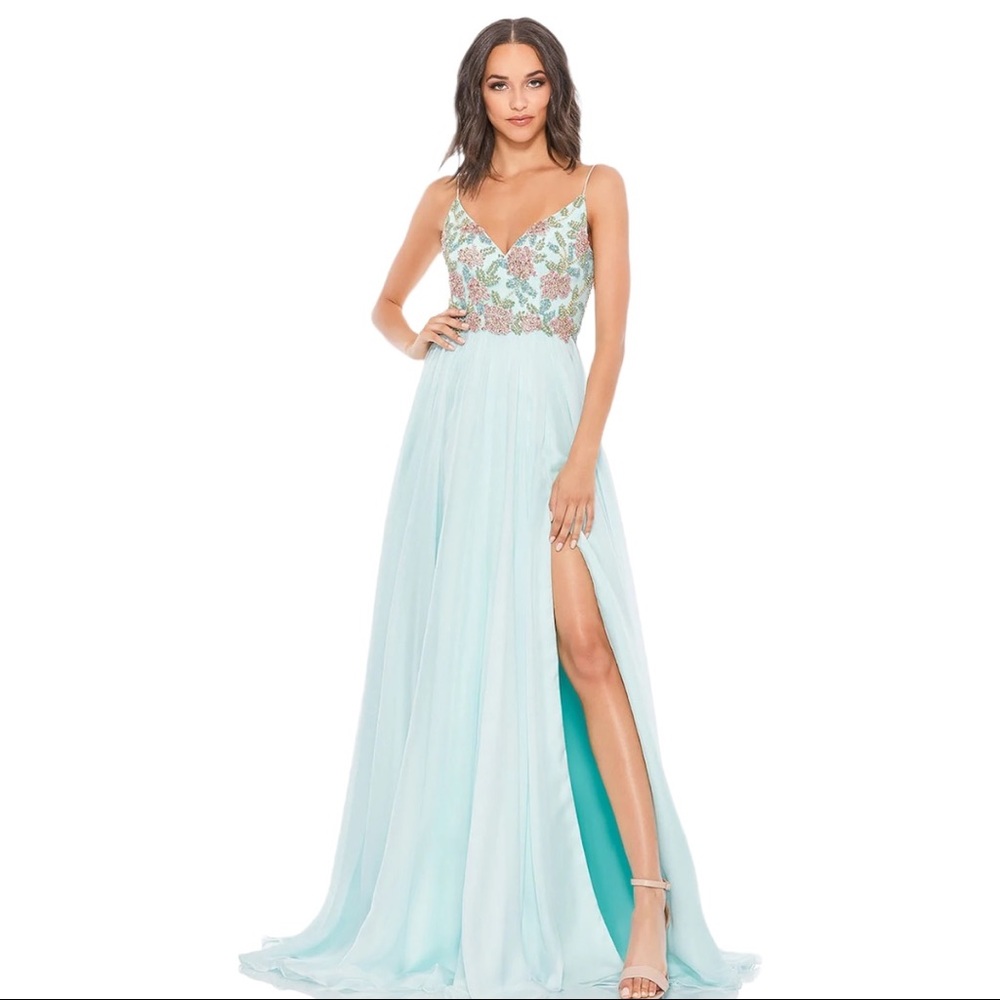 Mac Duggal Mint Floral Beaded Top Gown